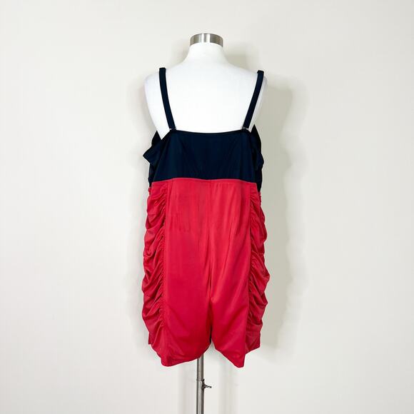 Torrid | Disney Mickey Mouse Red Black Ruched Shorts Style One Piece Swimsuit - Picture 9 of 14